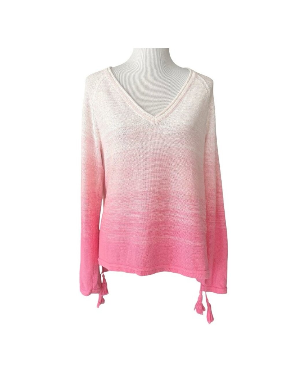 Lilly Pulitzer Sweater Jody V-Neck Havana Pink Ombré Tassels Boho Coastal Size L